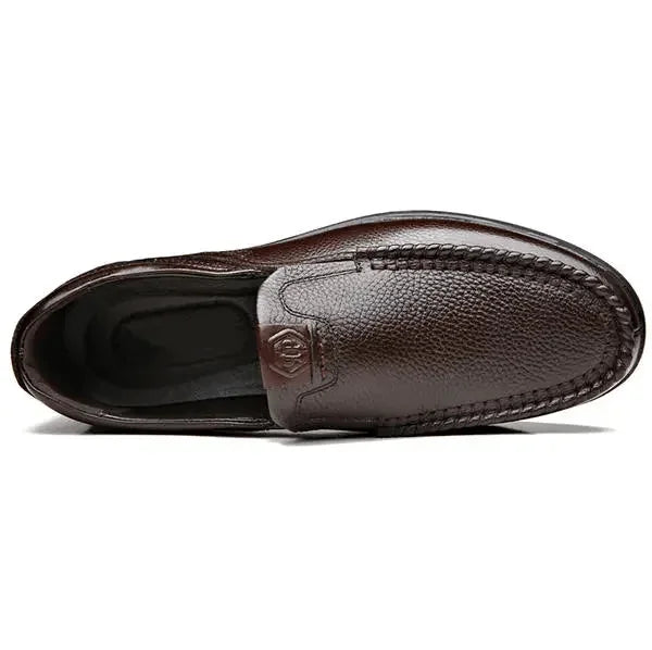 Brown Men's Leather Slip-On Shoes — Ethan Cushioned Moc-Toe Work Loafers - Top Down Sole View