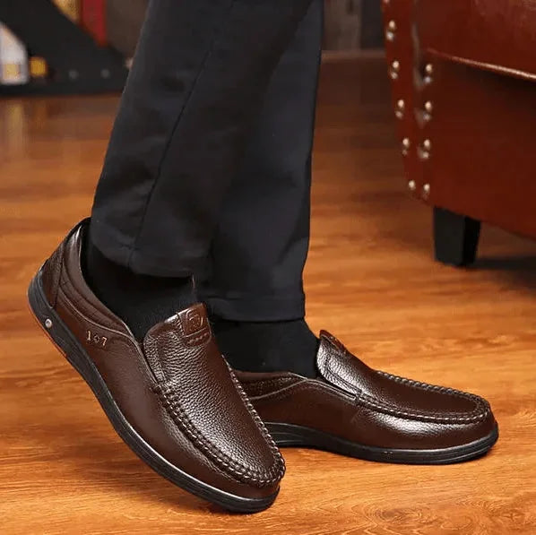 Brown Men's Leather Slip-On Shoes — Ethan Cushioned Moc-Toe Work Loafers - Worn Lifestyle