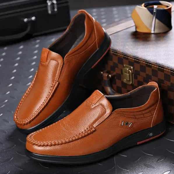 Yellow Men's Leather Slip-On Shoes — Ethan Cushioned Moc-Toe Work Loafers - Pair Angled Tan