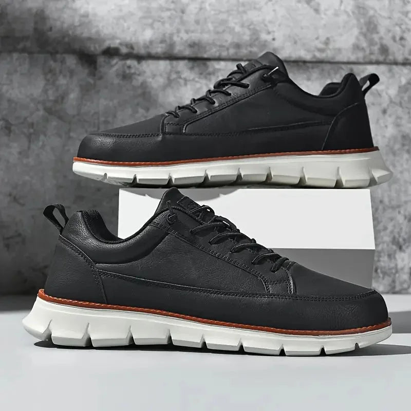 Black Men's Casual Leather Sneakers — Madison Cushioned Lace-Up Low-Top - Pair Studio