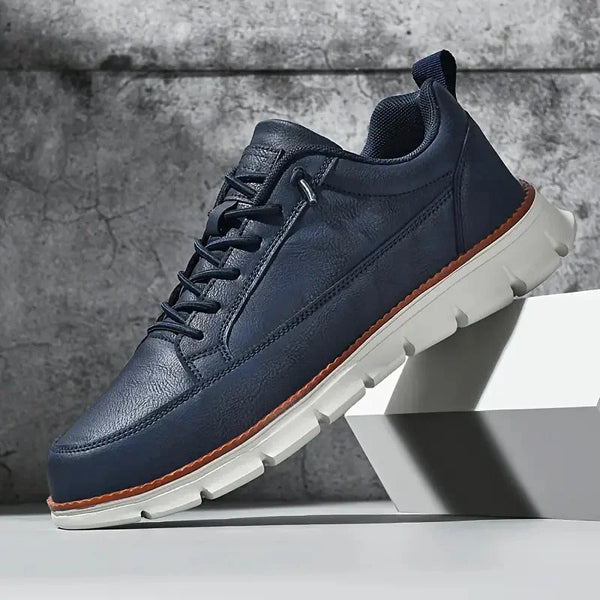 Blue Men's Casual Leather Sneakers — Madison Cushioned Lace-Up Low-Top - Side Pose Studio