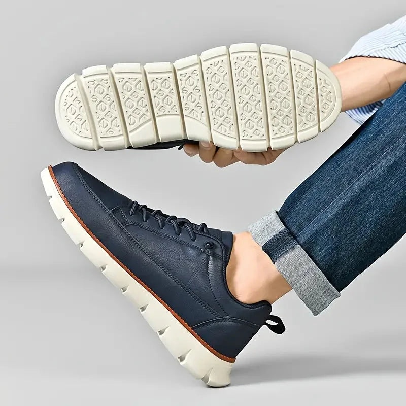 Blue Men's Casual Leather Sneakers — Madison Cushioned Lace-Up Low-Top - Sole Detail Worn