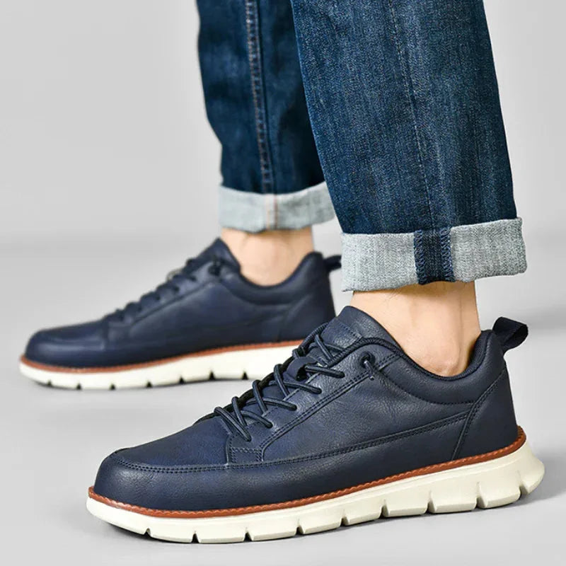 Blue Men's Casual Leather Sneakers — Madison Cushioned Lace-Up Low-Top - Worn Lifestyle Jeans