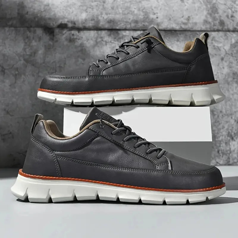 Charcoal Men's Casual Leather Sneakers — Madison Cushioned Lace-Up Low-Top - Pair Studio