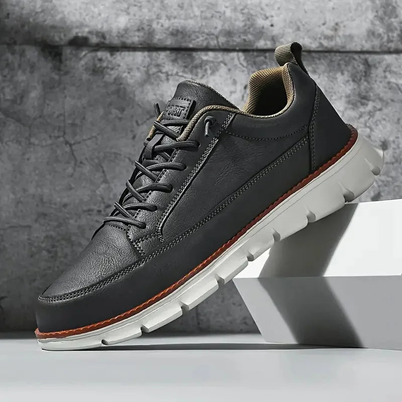 Charcoal Men's Casual Leather Sneakers — Madison Cushioned Lace-Up Low-Top - Side Pose Concrete