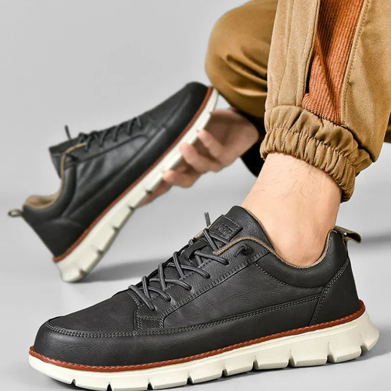 Charcoal Men's Casual Leather Sneakers — Madison Cushioned Lace-Up Low-Top - Worn Lifestyle Casual