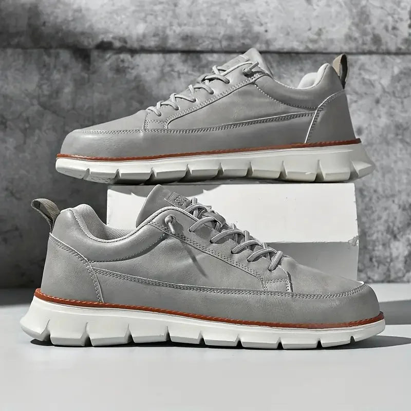 Gray Men's Casual Leather Sneakers — Madison Cushioned Lace-Up Low-Top - Pair Studio