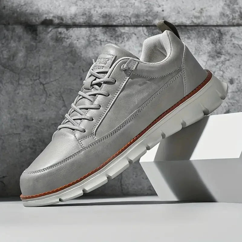 Gray Men's Casual Leather Sneakers — Madison Cushioned Lace-Up Low-Top - Side Pose