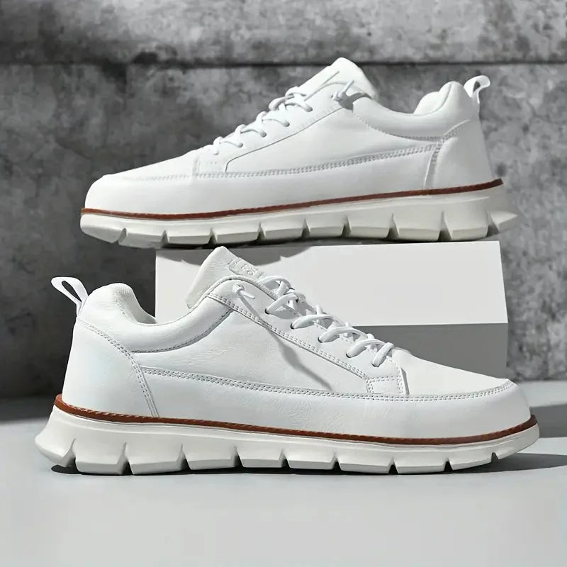 White Men's Casual Leather Sneakers — Madison Cushioned Lace-Up Low-Top - Pair Studio