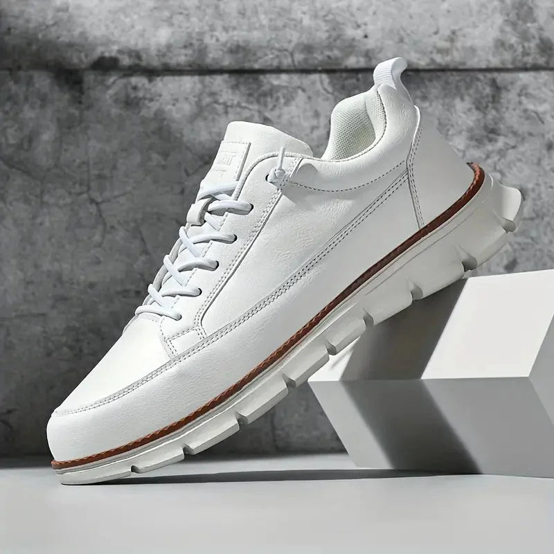 White Men's Casual Leather Sneakers — Madison Cushioned Lace-Up Low-Top - Side Pose