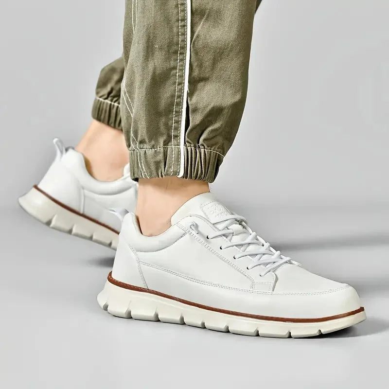 White Men's Casual Leather Sneakers — Madison Cushioned Lace-Up Low-Top - Worn Lifestyle