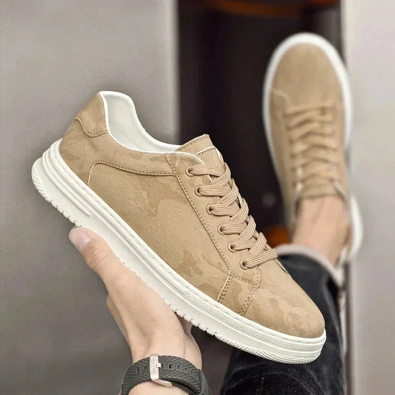 Beige Men's Leather Walking Sneakers — Harvey Textured Lace-Up Low-Top - Hand Held Angle