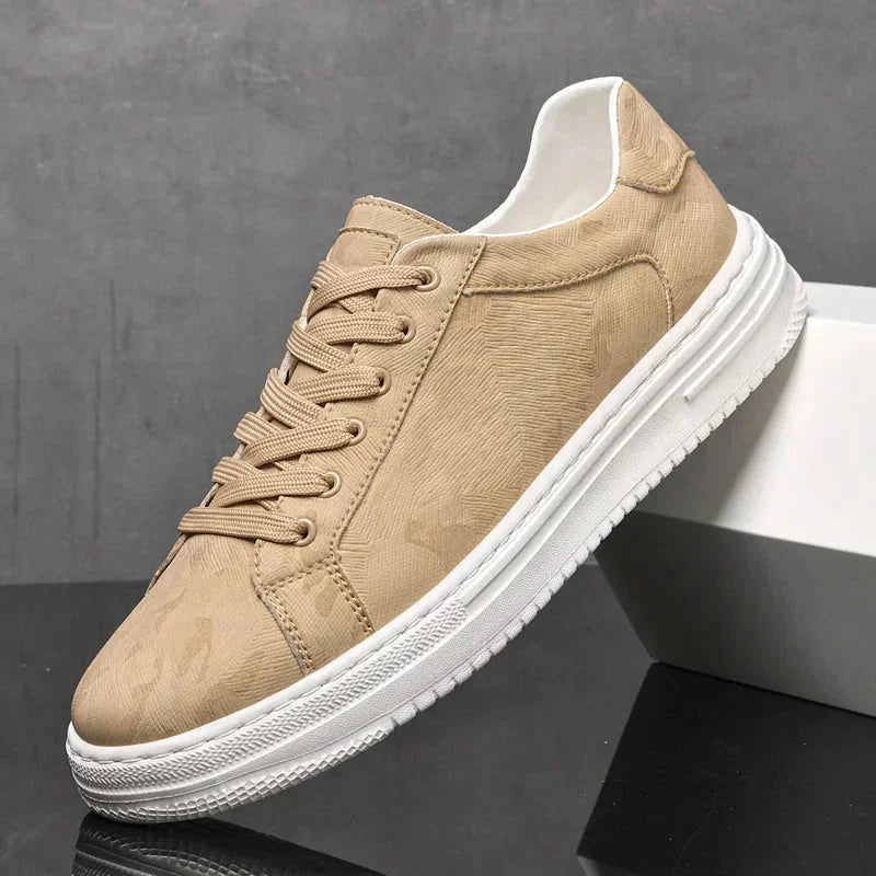 Beige Men's Leather Walking Sneakers — Harvey Textured Lace-Up Low-Top - Side Profile Stand
