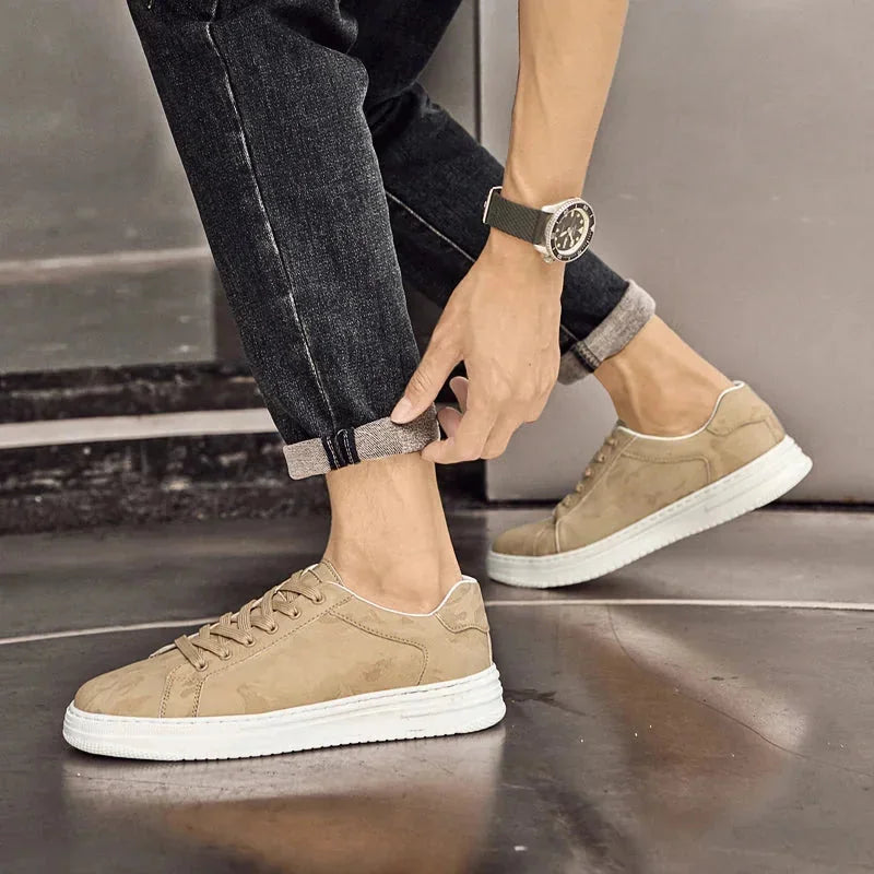 Beige Men's Leather Walking Sneakers — Harvey Textured Lace-Up Low-Top - Worn Cuff Adjust