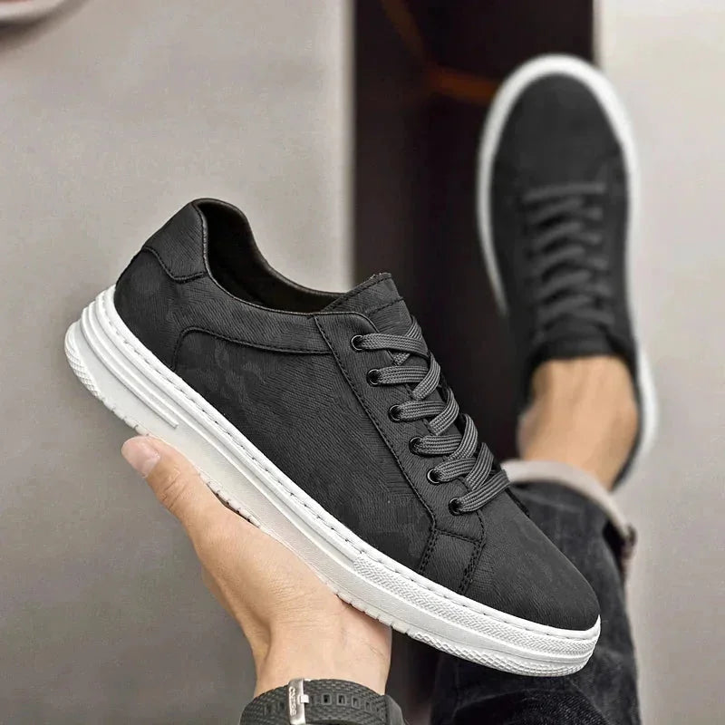Black Men's Leather Walking Sneakers — Harvey Textured Lace-Up Low-Top - Hand Held Front