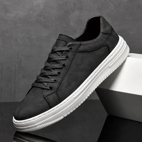 Black Men's Leather Walking Sneakers — Harvey Textured Lace-Up Low-Top - Side Profile Box