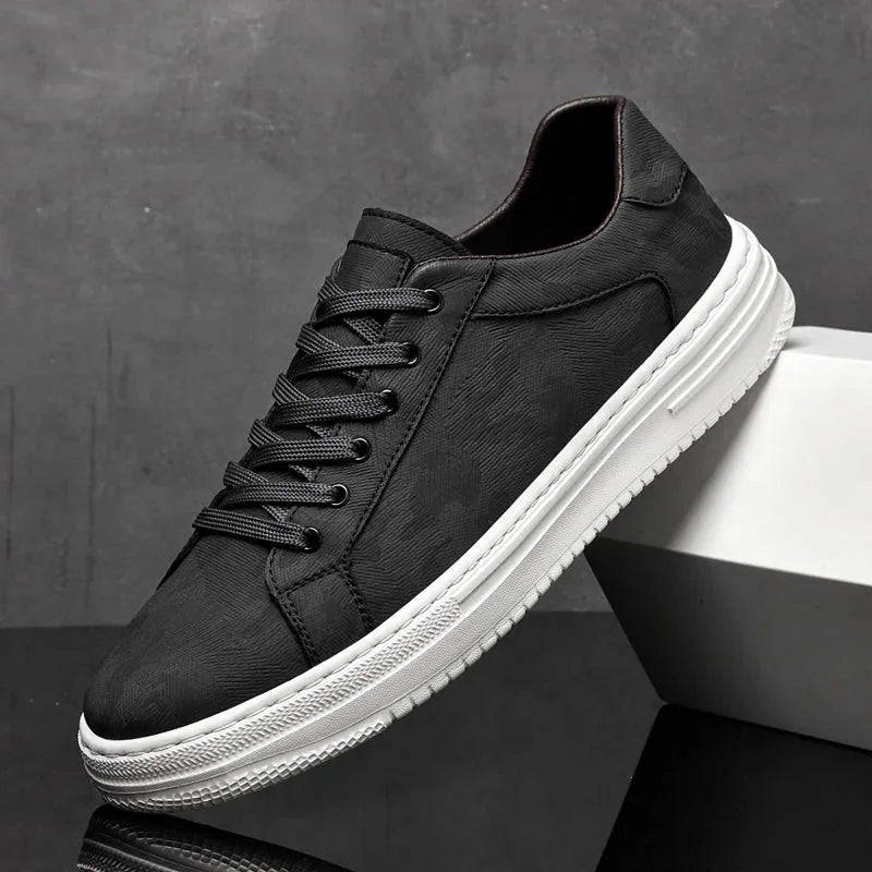 Black Men's Leather Walking Sneakers — Harvey Textured Lace-Up Low-Top - Side Profile Box