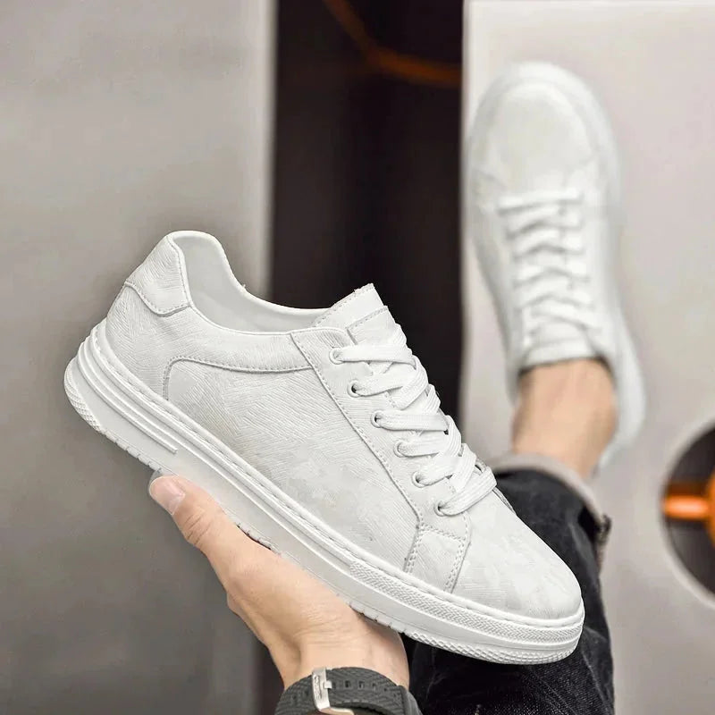 White Men's Leather Walking Sneakers — Harvey Textured Lace-Up Low-Top - Hand Held Close