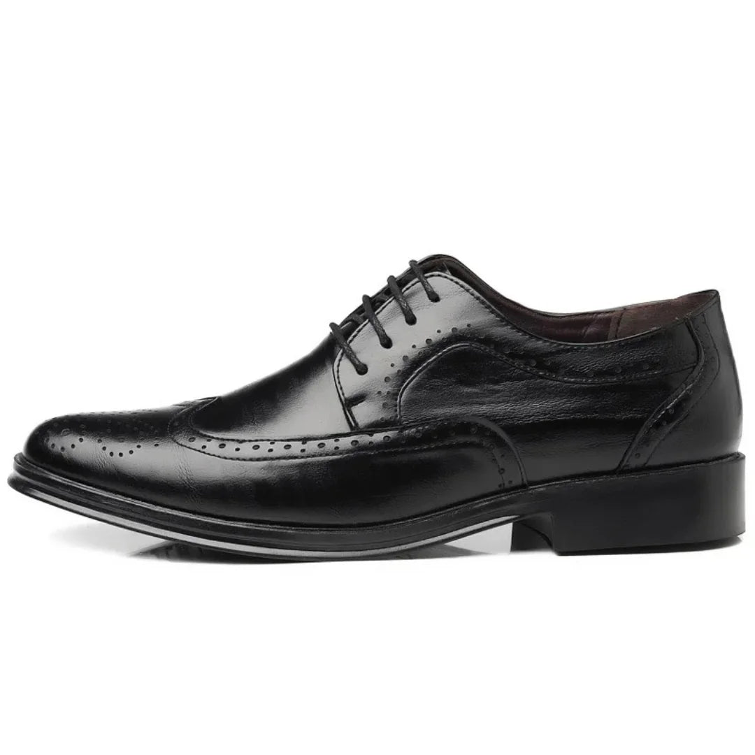 Black Men's Leather Wingtip Oxford Shoes — Luke Cushioned Lace-Up Brogue - Side Profile Single