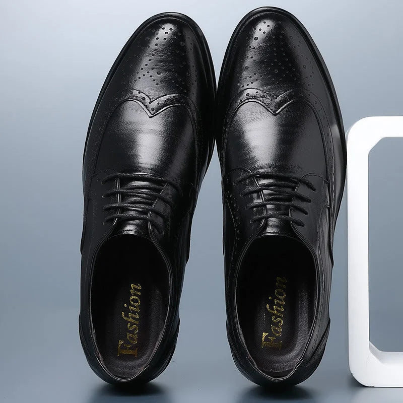 Black Men's Leather Wingtip Oxford Shoes — Luke Cushioned Lace-Up Brogue - Top Down Pair