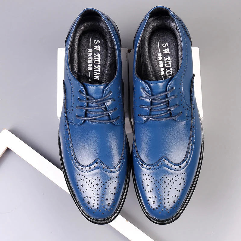 Blue Men's Leather Wingtip Oxford Shoes — Luke Cushioned Lace-Up Brogue - Top Down Pair Lace
