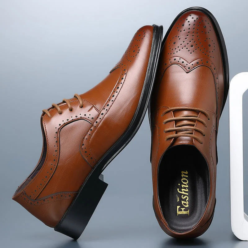 Brown Men's Leather Wingtip Oxford Shoes — Luke Cushioned Lace-Up Brogue - Side Profile Pair