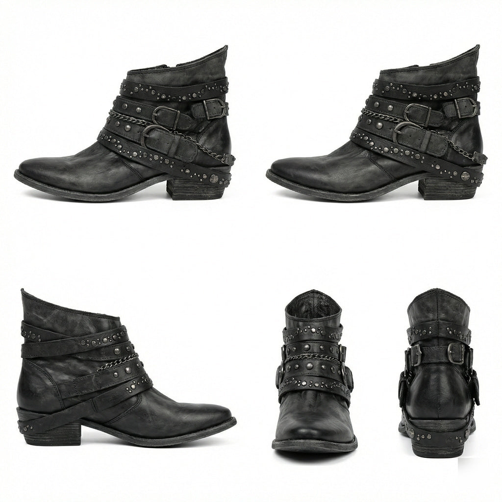 Women's Vintage Chain Boots with Studded Buckle Straps for a Relaxed Fit — Mae