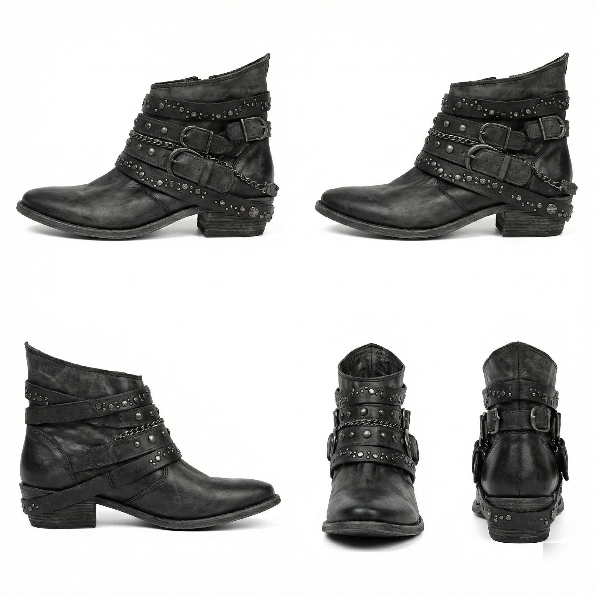 Women's Vintage Chain Boots with Studded Buckle Straps for a Relaxed Fit — Mae