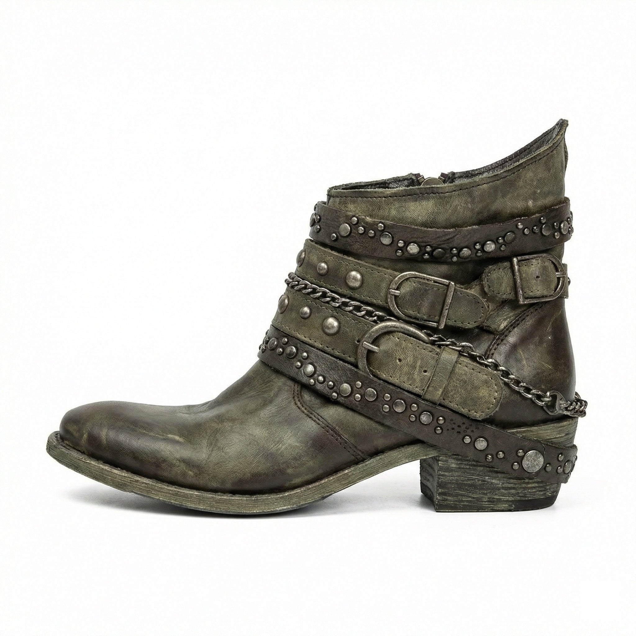 Women's Vintage Chain Boots with Studded Buckle Straps for a Relaxed Fit — Mae