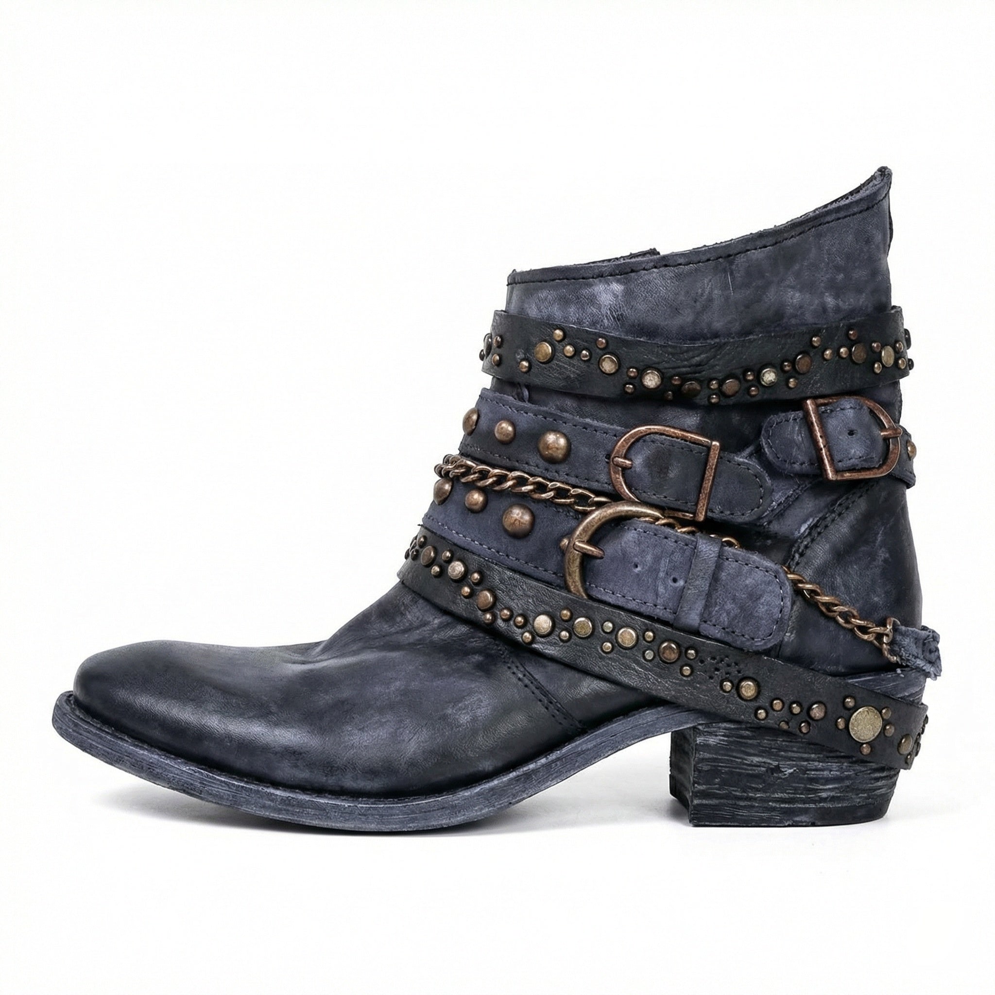 Women's Vintage Chain Boots with Studded Buckle Straps for a Relaxed Fit — Mae