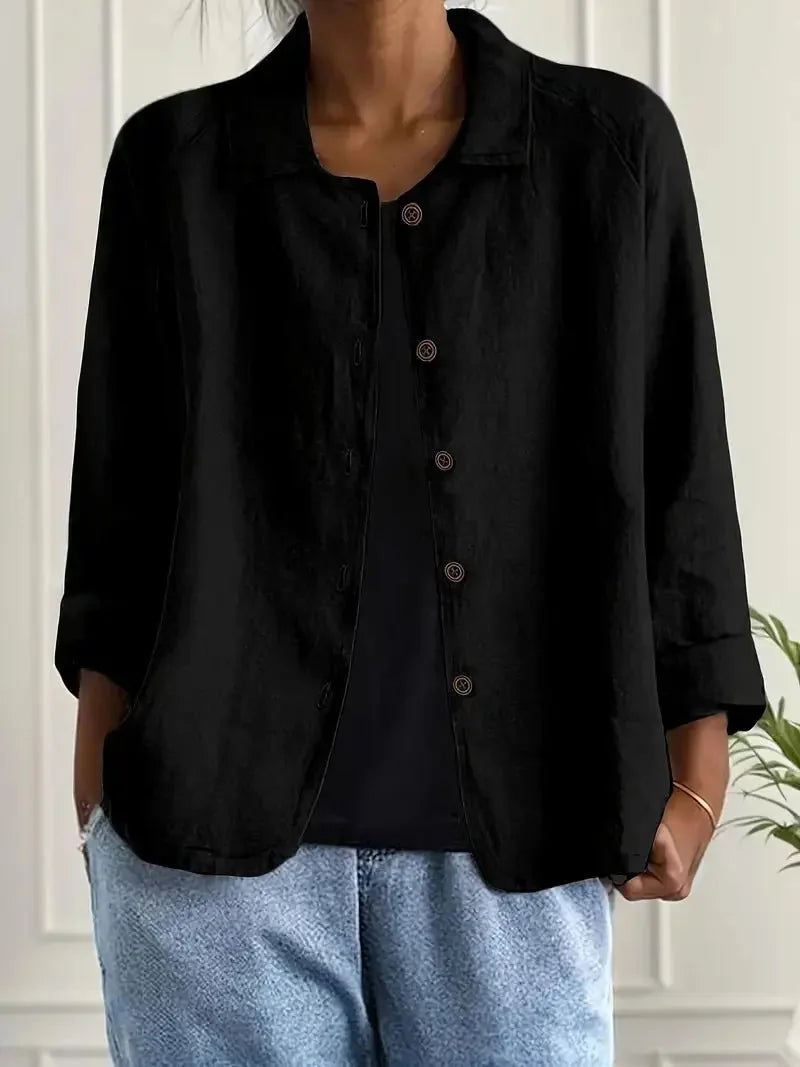 Black Women's Lightweight Linen Blazer — Maxine Button-Front Collared Long Sleeve - Front Detail