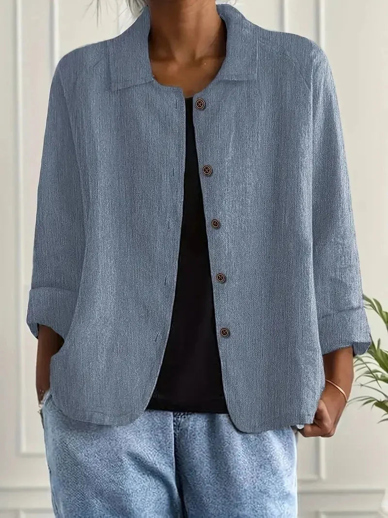Blue Women's Lightweight Linen Blazer — Maxine Button-Front Collared Long Sleeve - Front Standing