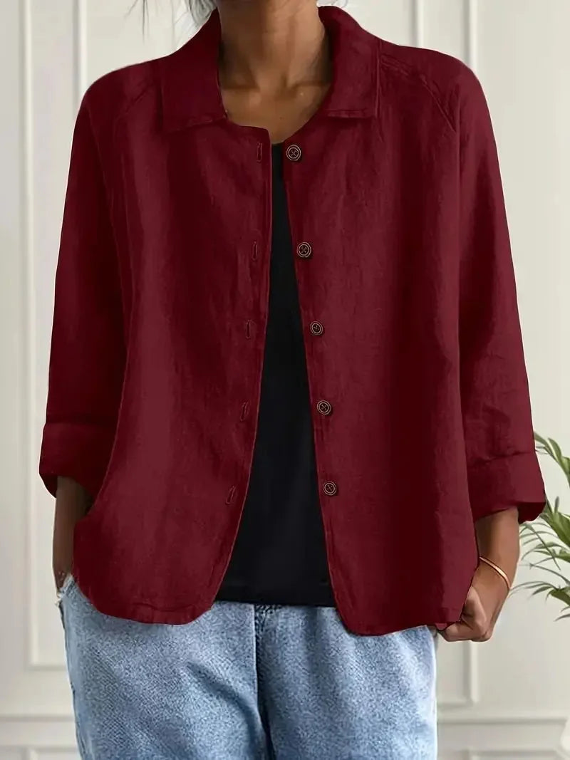 Crimson Women's Lightweight Linen Blazer — Maxine Button-Front Collared Long Sleeve - Front View