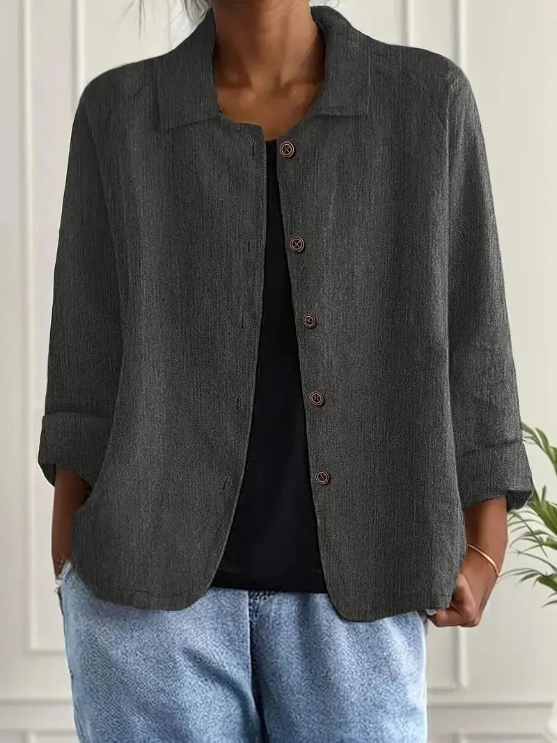 Dark Gray Women's Lightweight Linen Blazer — Maxine Button-Front Collared Long Sleeve - Front Relaxed