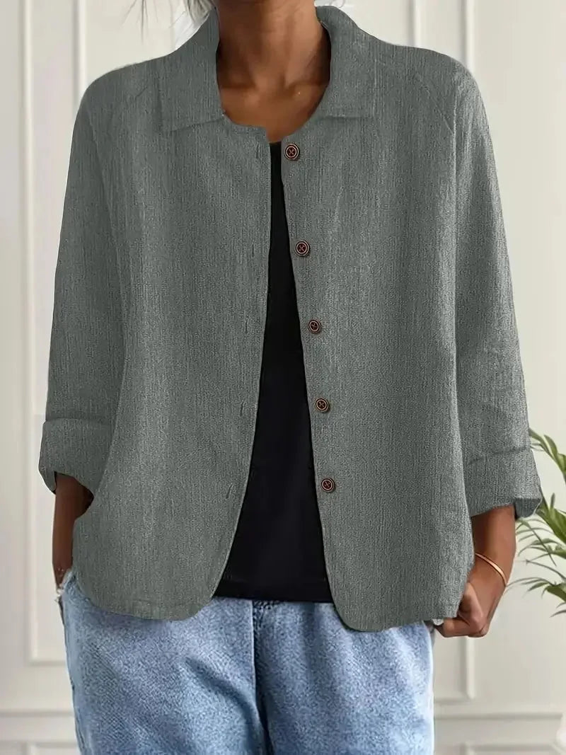 Gray Women's Lightweight Linen Blazer — Maxine Button-Front Collared Long Sleeve - Front Worn