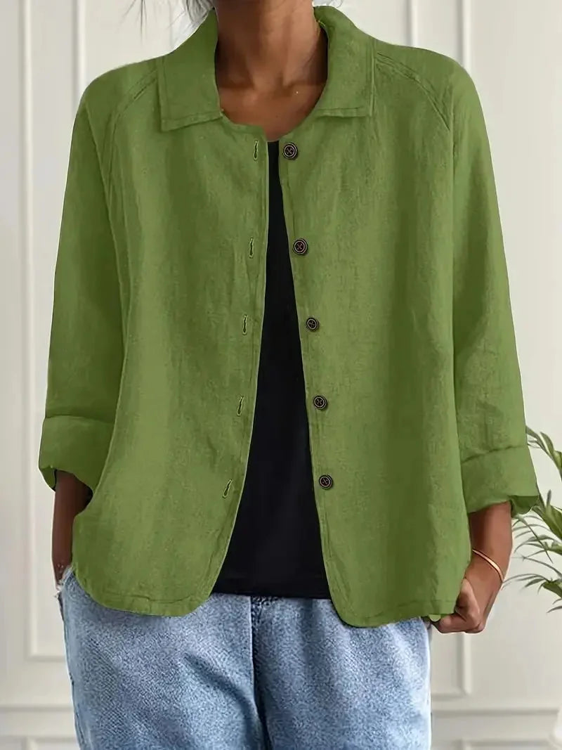 Green Women's Lightweight Linen Blazer — Maxine Button-Front Collared Long Sleeve - Front Outfit