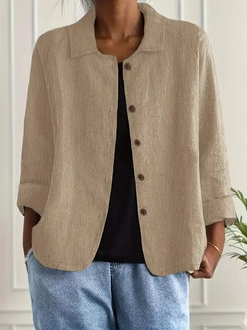 Khaki Women's Lightweight Linen Blazer — Maxine Button-Front Collared Long Sleeve - Front Studio