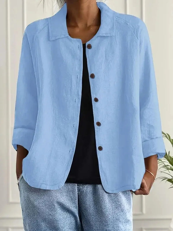 Light Blue Women's Lightweight Linen Blazer — Maxine Button-Front Collared Long Sleeve - Front Full