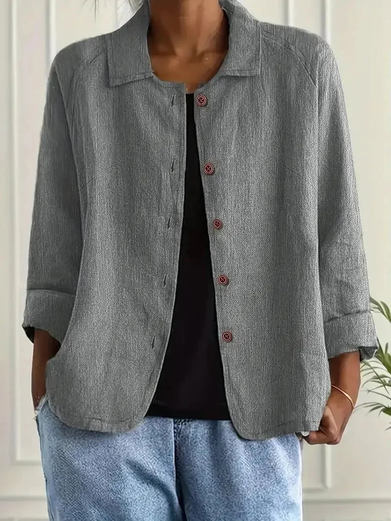 Light Gray Women's Lightweight Linen Blazer — Maxine Button-Front Collared Long Sleeve - Button Detail