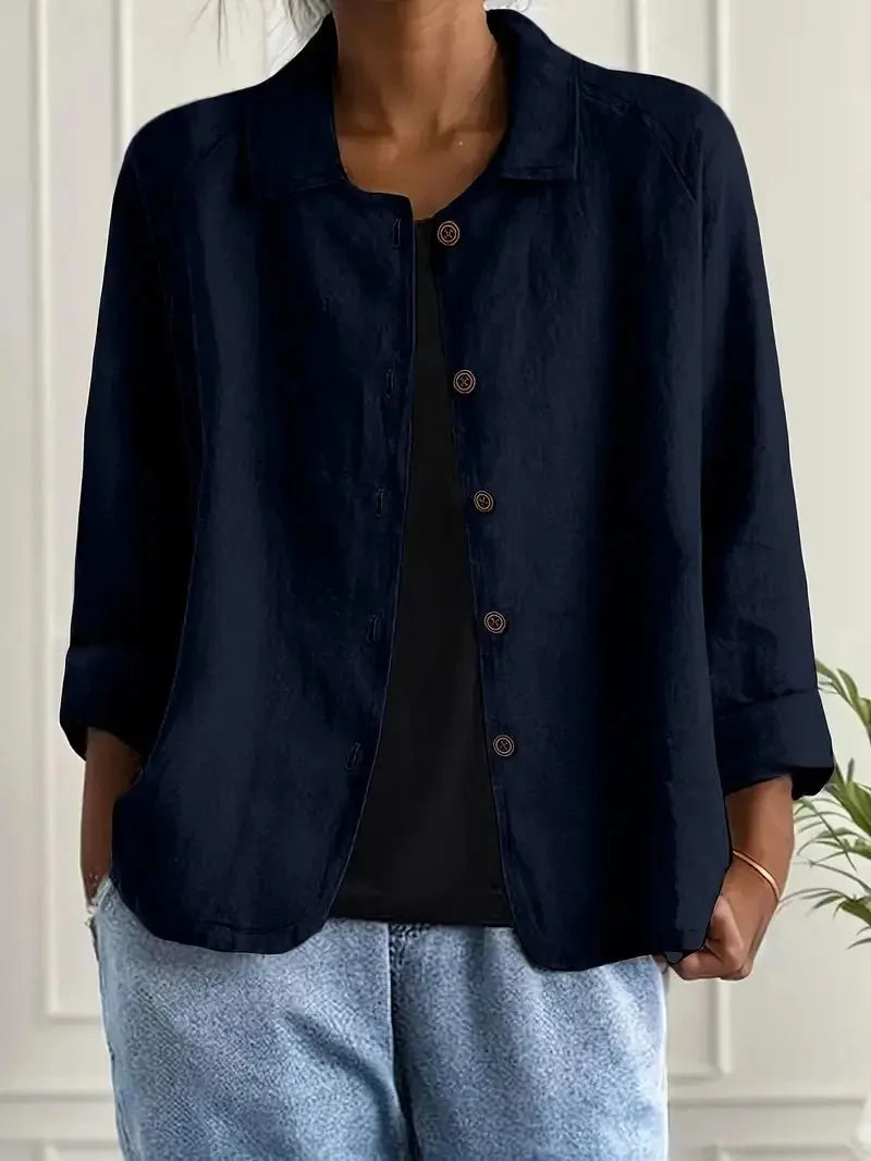 Navy Blue Women's Lightweight Linen Blazer — Maxine Button-Front Collared Long Sleeve - Front Model