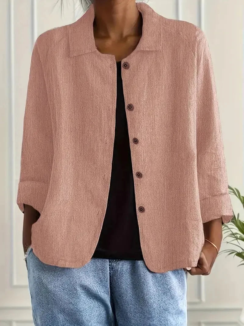 Pink Women's Lightweight Linen Blazer — Maxine Button-Front Collared Long Sleeve - Front Pose