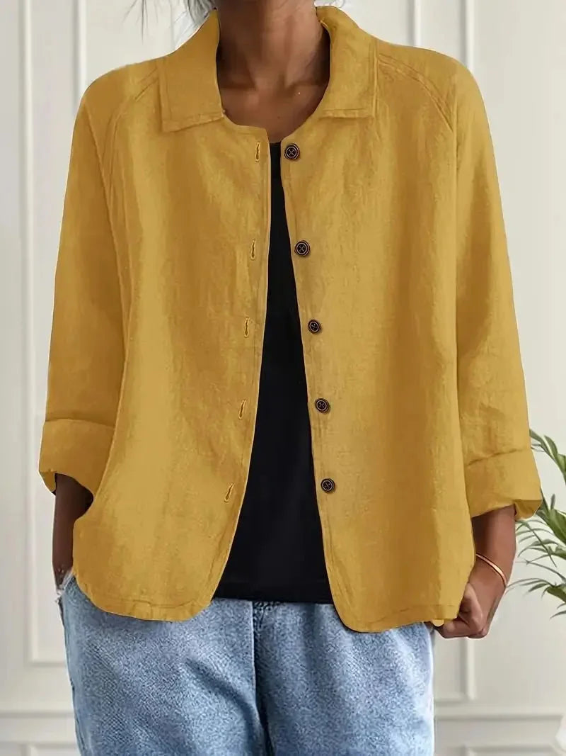 Yellow Women's Lightweight Linen Blazer — Maxine Button-Front Collared Long Sleeve - Front Lifestyle