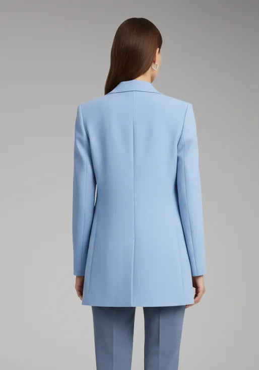 Blue Women's Long Blazer — Yvette Wool Notched Collar Patch Pocket - Back Full
