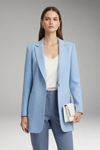 Blue Women's Long Blazer — Yvette Wool Notched Collar Patch Pocket - Front Full Worn