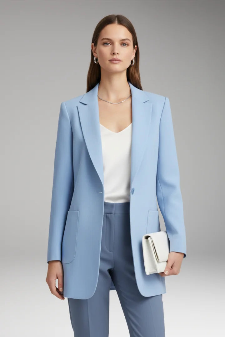 Blue Women's Long Blazer — Yvette Wool Notched Collar Patch Pocket - Front Full Worn