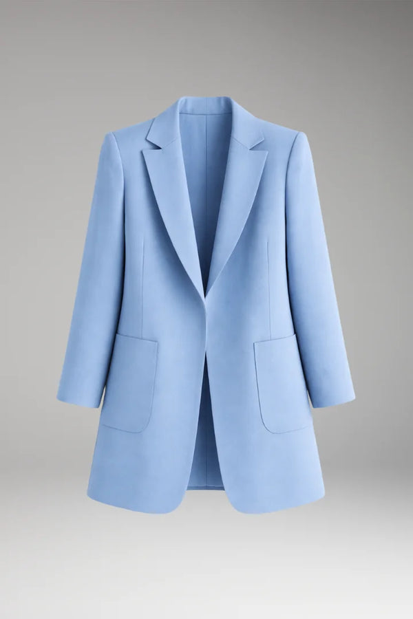 Blue Women's Long Blazer — Yvette Wool Notched Collar Patch Pocket - Product Only Front