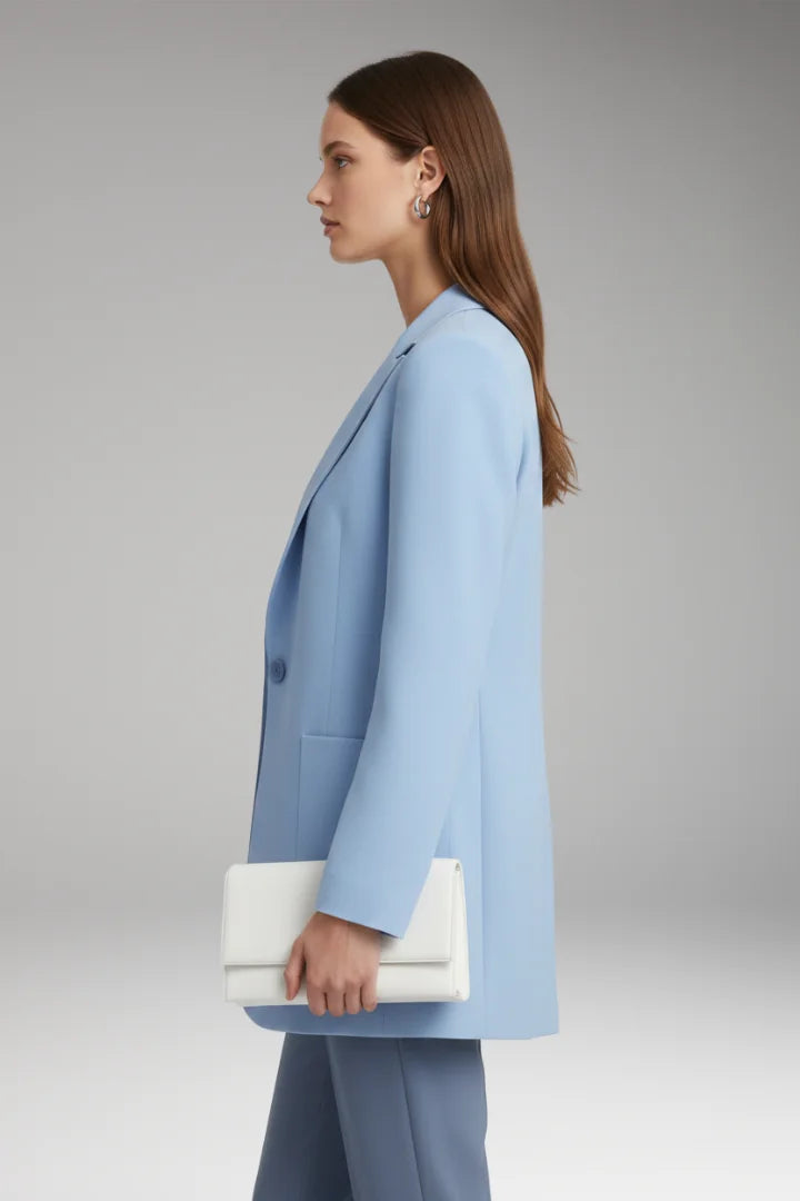 Blue Women's Long Blazer — Yvette Wool Notched Collar Patch Pocket - Side Pose Clutch