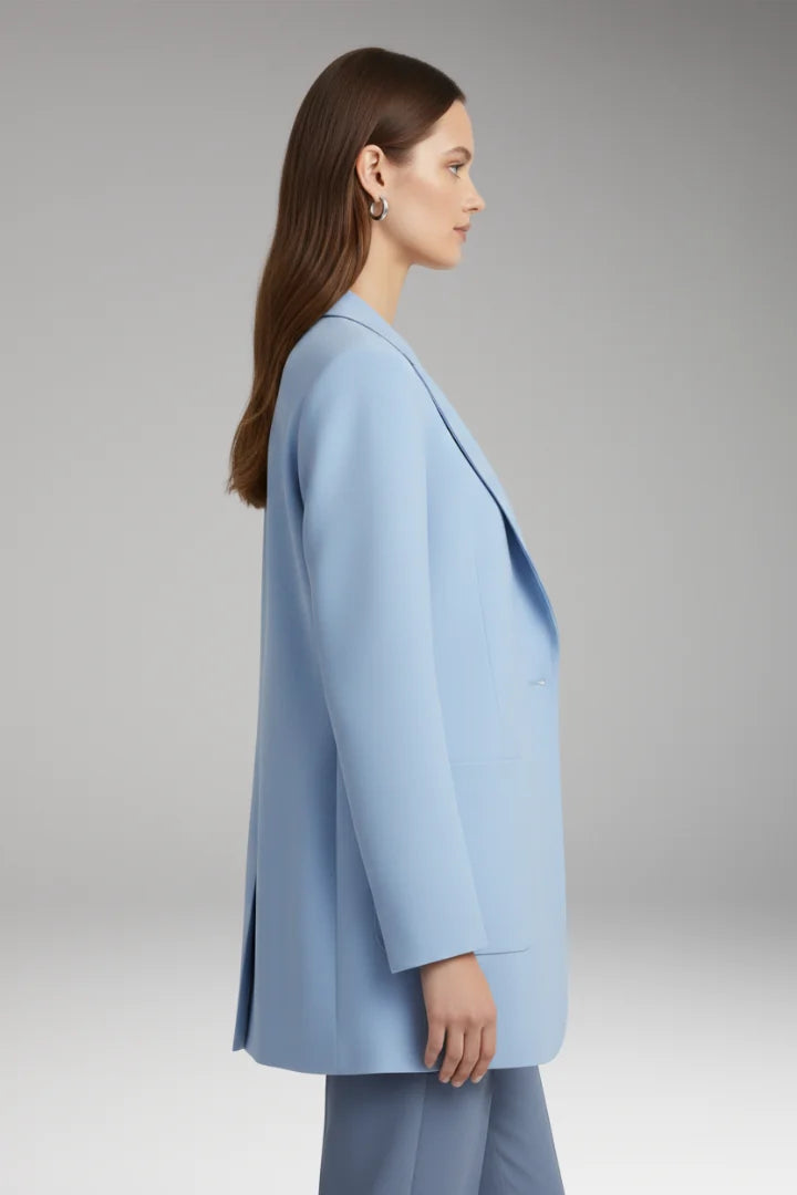 Blue Women's Long Blazer — Yvette Wool Notched Collar Patch Pocket - Side Profile Walking