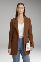 Brown Women's Long Blazer — Yvette Wool Notched Collar Patch Pocket - Front Styled Pose