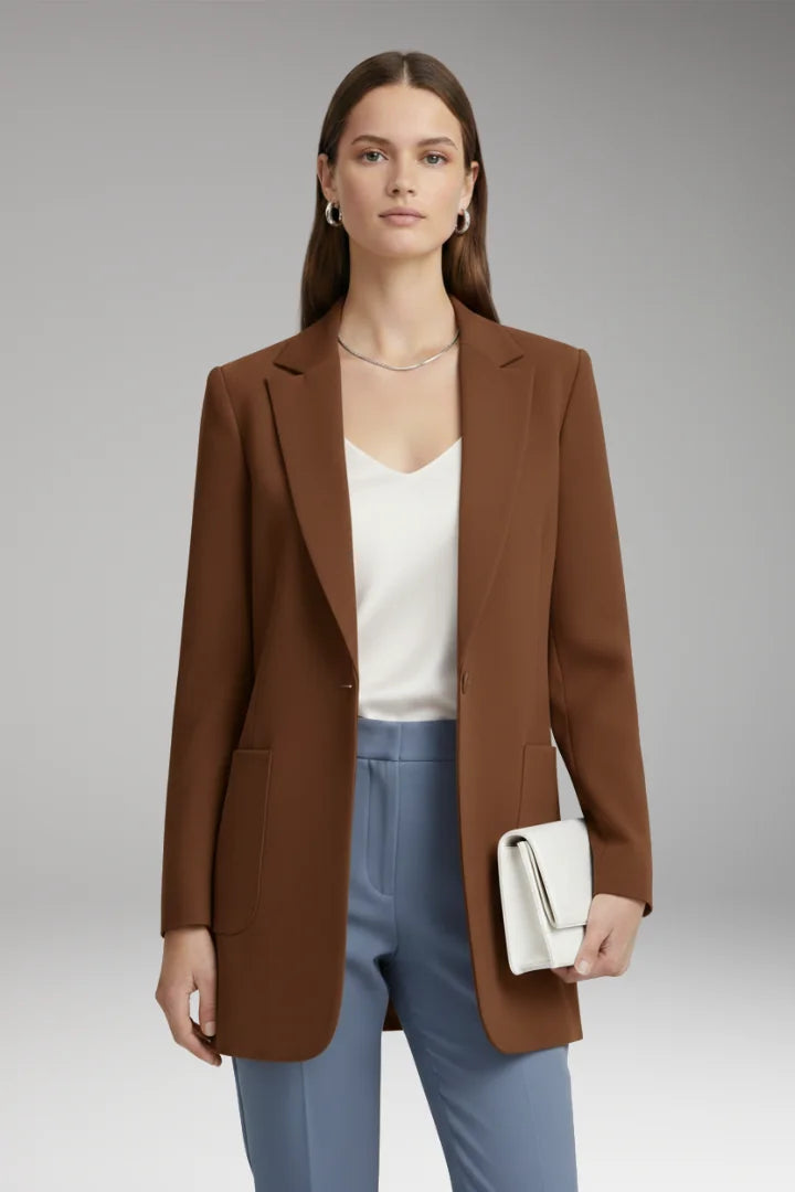 Brown Women's Long Blazer — Yvette Wool Notched Collar Patch Pocket - Front Styled Pose
